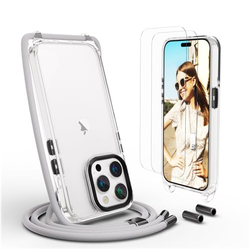 UYMO Handykette Hülle mit Band Für iPhone 15 Pro max 6.7"-| mit 2 Stück Schutzfolie |, Necklace Transparent Handyhülle Case mit Strap Schnur Abnehmbar, Schutzhülle zum Umhängen Kordel, Grau von UYMO