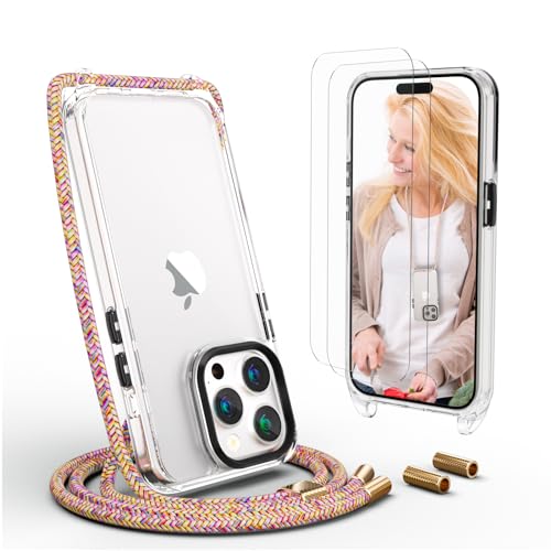 UYMO Handykette Hülle mit Band Für iPhone 15 Pro max 6.7"-| mit 2 Stück Schutzfolie |, Necklace Transparent Handyhülle Case mit Strap Schnur Abnehmbar, Schutzhülle zum Umhängen Kordel, Regenbogen von UYMO
