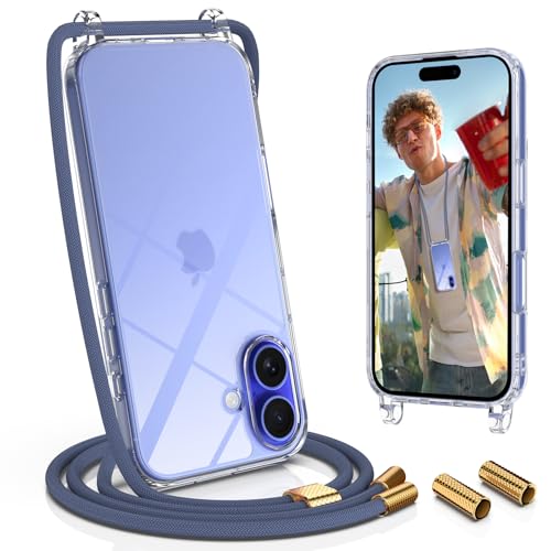 UYMO Handykette Hülle mit Band Für iPhone 16, Necklace Transparent Handyhülle Case mit Schnur Abnehmbar, Schutzhülle zum Umhängen Kordel, Blau von UYMO