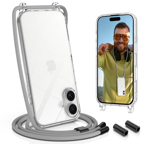 UYMO Handykette Hülle mit Band Für iPhone 16, Necklace Transparent Handyhülle Case mit Schnur Abnehmbar, Schutzhülle zum Umhängen Kordel, Grau von UYMO