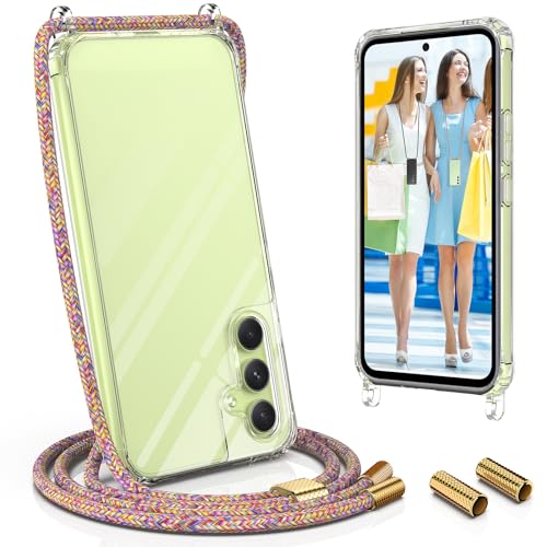 UYMO Handykette Hülle mit Band Kompatibel mit Samsung Galaxy A34 5G - mit 2 Stück Schutzfolie,Stylische Necklace Schutzhülle Handyhülle mit Kette zum Umhängen Kordel TPU Tasche Case,Regenbogen von UYMO