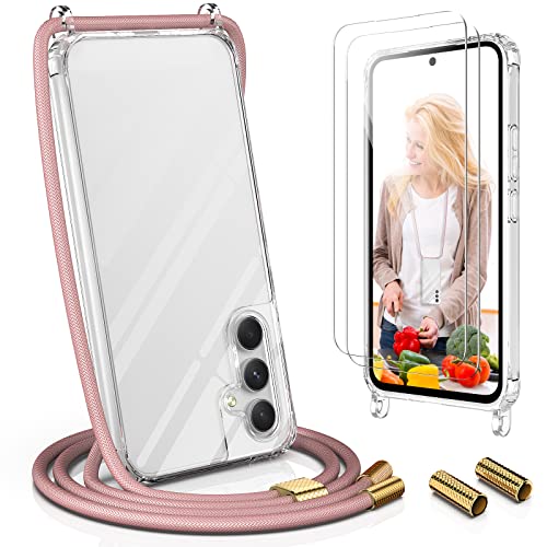 UYMO Handykette Hülle mit Band Kompatibel mit Samsung Galaxy A34 5G - mit 2 Stück Schutzfolie,Stylische Necklace Schutzhülle Handyhülle mit Kette zum Umhängen Kordel TPU Tasche Case,Roségold von UYMO