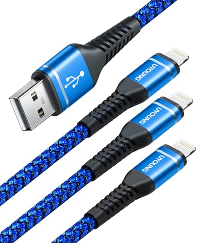 Lightning-Kabel, 3 m, 3 Stück, blau, langes iPhone-Ladekabel, 3 m, geflochtenes Nylon, kompatibel mit iPhone 12/11/X/XS/XR/XS Max/8/7/6/5S/SE/iPad Pro/Mini/Air von UYOUNG