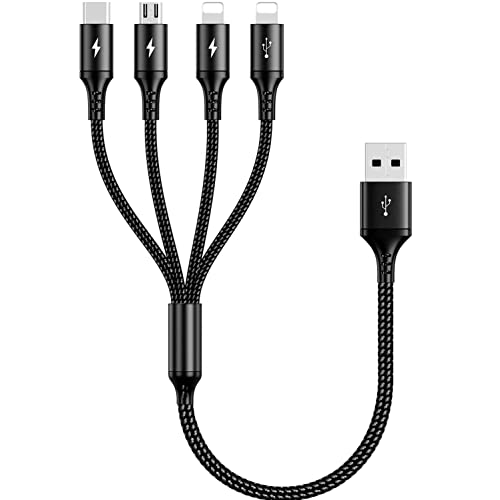 UZAHSK Multi USB Kabel 4A,35cm Nylon Geflochtener 4 in1 USB-Kabelanschluss Mit 2*iP/Typ-C/Micro Anschluss Für iP 15/14/13/12/11/X/8/7/Samsung S23/S10+/Huawei/Xiaomi/Pixel/LG/Tablets. (schwarz) von UZAHSK