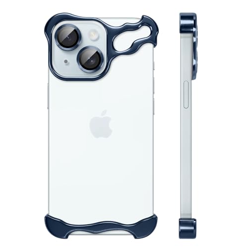 UZEUZA Frameless Hülle Metall für iPhone 15 Plus, Handyhülle Rahmenlose Minimalistischen Design, Schutzhülle Kameraschutz,Aluminium Schale Dünn Slim Aesthetic Bumper Stoßfeste Case,Titan Blau von UZEUZA