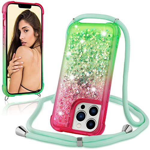 UZEUZA Handykette Hülle für iPhone 14 Pro 6.1''(2022), Glitzer Treibsand Necklace Silikon Stoßfest Handyhülle mit Band Transparent TPU Bumper Schutzhülle mit Kordel zum Umhängen für Girls Damen von UZEUZA