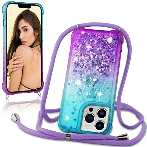 UZEUZA Handykette Hülle für iPhone 14 Pro Max 6.7'', Glitzer Treibsand Necklace Silikon Stoßfest Handyhülle mit Band Transparent TPU Bumper Schutzhülle mit Kordel zum Umhängen für Girls Damen von UZEUZA