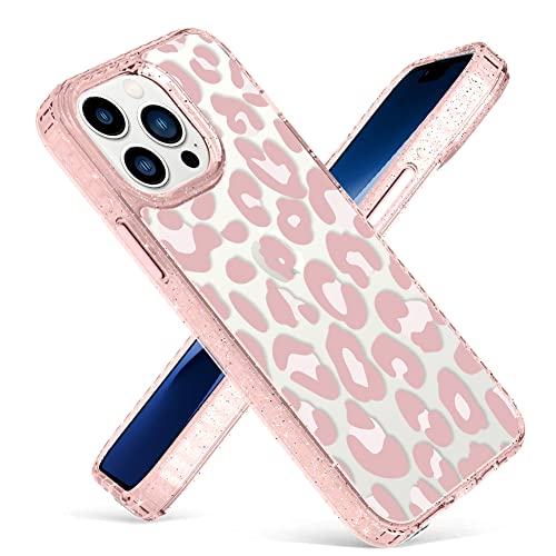UZEUZA Hülle Glitzer Kompatibel mit iPhone 14 Pro Hülle, Crystal Pink Leopard Slim Case für Mädchen Frauen TPU Bumper Schutzhülle für iPhone 14 Pro 6.1'' 2022 von UZEUZA