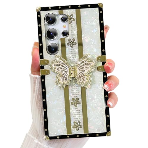 UZEUZA Hülle für Samsung Galaxy S24 Ultra 6,8 Zoll Quadratischer Fall mit Kickstand, Netter Luxus 3D Glitter Bling Diamant Strass Schmetterling Stand Floral Stoßfest Frauen Mädchen Fall, Weiß von UZEUZA