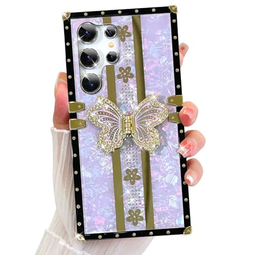 UZEUZA Hülle für Samsung Galaxy S24 Ultra 6,8 Zoll Quadratischer Fall mit Kickstand, Netter Luxus 3D Glitter Bling Diamant Strass Schmetterling Stand Floral Stoßfest Frauen Mädchen Fall,Violett von UZEUZA