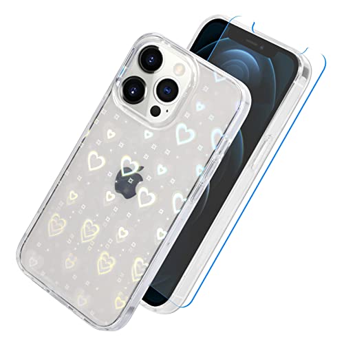 UZEUZA Hülle kompatibel mit iPhone 12 Pro Max Hülle 6,7 Zoll, klarer Glitzer, holografisches Liebesherzmuster, Handyhülle & Displayschutzfolie für Mädchen und Frauen von UZEUZA