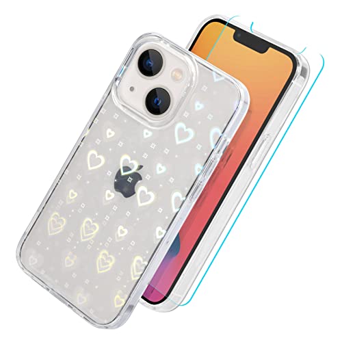 UZEUZA Hülle kompatibel mit iPhone 14 Hülle 6,1 Zoll (2022), klarer Glitzer, holografisches Liebesherzmuster, Handyhülle & Displayschutzfolie für Mädchen und Frauen (2 in 1) von UZEUZA