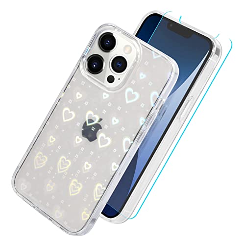 UZEUZA Hülle kompatibel mit iPhone 14 Pro Max Hülle 6,7 Zoll (2022), klarer Glitzer, holografisches Liebesherzmuster, Handyhülle & Displayschutzfolie für Mädchen und Frauen (2 in 1) von UZEUZA