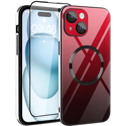 UZEUZA Magnetisch Hülle für iPhone 15 Kompatibel mit MagSafe,Mit Stück Schutzfolie, Gradient Glas Rückseite Abdeckung mit Linse Screen Protector Abdeckung für Mädchen Frauen-Rot UZEUZA Magnetisch Hülle für iPhone 15 Kompatibel mit MagSafe,Mit Stück Schutzfolie, Gradient Glas Rückseite Abdeckung mit Linse Screen Protector Abdeckung für Mädchen Frauen-Rot von UZEUZA