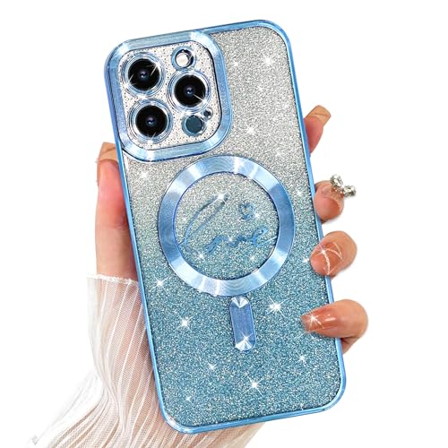 UZEUZA Magnetisch Hülle für iPhone 15 Pro 6.1 Zoll Kompatibel mit MagSafe Liebe Herz Überzug Kamera Schutz Klare Telefon Fall, Glitter für Frauen Mädchen Stoßfeste Abdeckung,Blau von UZEUZA