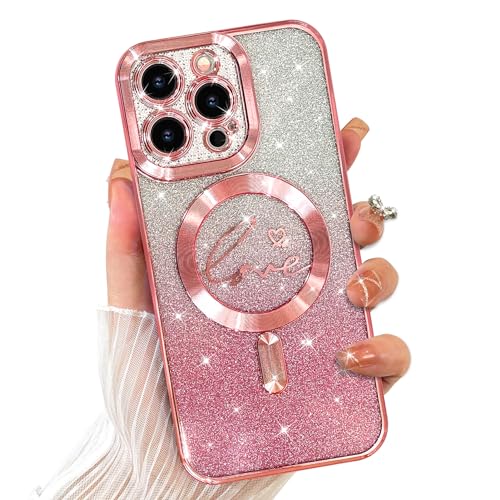 UZEUZA Magnetisch Hülle für iPhone 15 Pro 6.1 Zoll Kompatibel mit MagSafe Liebe Herz Überzug Kamera Schutz Klare Telefon Fall, Glitter für Frauen Mädchen Stoßfeste Abdeckung,Rosa von UZEUZA