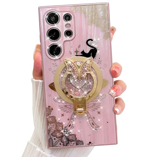 UZEUZA Magnetische Hülle für Samsung Galaxy S24 Ultra 6,8 Zoll Nettes Schmetterling Ring Stand Glitter Diamant Design, Luxus Überzug Stoßfänger Fall für Frauen Mädchen, Rosa von UZEUZA