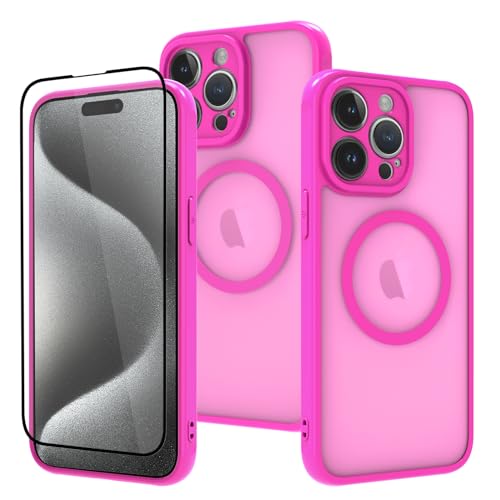 UZEUZA Starke Magnet Hülle für iPhone 15 Pro Fall Kompatibel mit Magsafe mit Screen Protector Schlanke dünne stoßfeste schützende Bumper Cover Handyhülle für iPhone 15 Pro, Hot Pink von UZEUZA