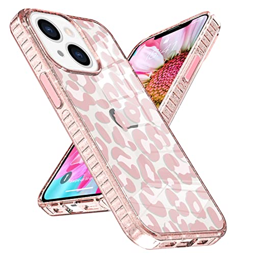 UZEUZA iPhone 14 Hülle Glitzer, Crystal Pink Leopard Slim Case für Mädchen [Anti-Gelb Stoßfest Protective] TPU Bumper Schutzhülle für iPhone 14 6.1'' 2022 von UZEUZA