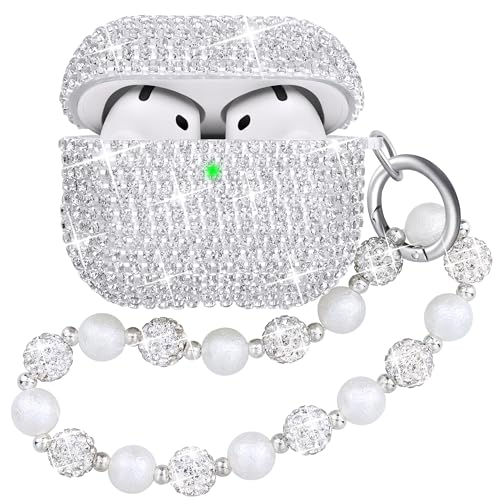 Ucharmbead Kompatibel mit AirPods 4 Hülle, schützende Glitzer-Diamant-Strass, silberfarbene Hülle für AirPods 4. Generation, mit luxuriösem glänzendem Schlüsselanhänger für Damen von Ucharmbead