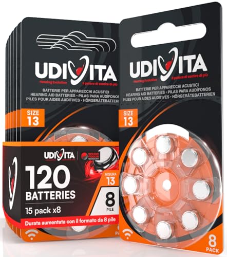 120 Batterien für Hörgeräte Udivita Größe 13 (Orange) PR48 Zink-Luft mit Sound Fusion-Technologie – 15 Blister mit 8 Batterien von Udivita