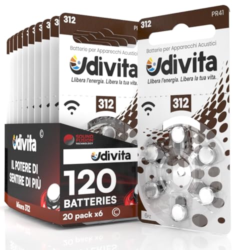 120 Batterien für Hörgeräte Udivita Größe 312. mit Sound Fusion Technologie - 20 Blister mit 6 Batterien von Udivita