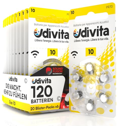 120 Batterien für Ohr-Hörgeräte Udivita Größe 10. - 20 Blister mit 6 Batterien von Udivita