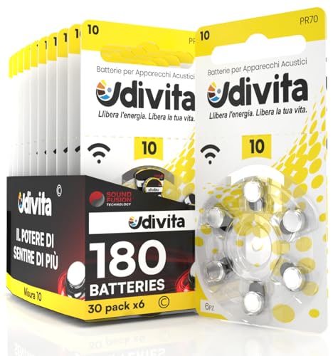 180 Batterien für Hörgeräte Udivita Größe 10. mit Sound Fusion Technologie - 30 Blister mit 6 Batterien von Udivita