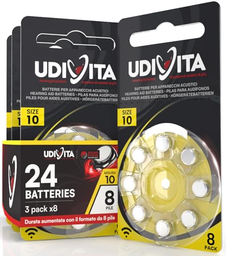 24 Batterien für Hörgeräte Udivita Größe 10 (Gelb) PR70 Zink-Luft mit Sound Fusion-Technologie – 3 Blister mit 8 Batterien von Udivita