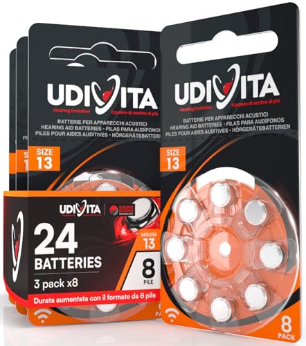 24 Batterien für Hörgeräte Udivita Größe 13 (Orange) PR70 Zink-Luft mit Sound Fusion-Technologie – 3 Blister mit 8 Batterien von Udivita