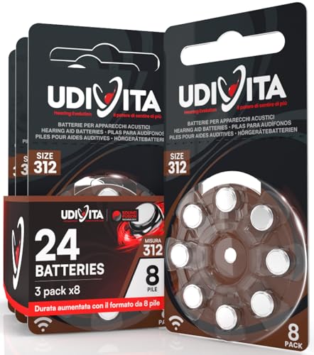 24 Batterien für Hörgeräte Udivita Größe 312 (Braun) PR41 Zink-Luft mit Sound Fusion-Technologie – 3 Blister mit 8 Batterien von Udivita