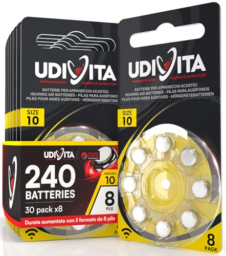 240 Batterien für Hörgeräte Udivita Größe 10 (Gelb) PR70 Zink-Luft mit Sound Fusion-Technologie – 30 Blister mit 8 Batterien von Udivita