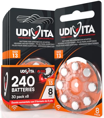 240 Batterien für Hörgeräte Udivita Größe 13 (Orange) PR48 Zink-Luft mit Sound Fusion-Technologie – 30 Blister mit 8 Batterien von Udivita