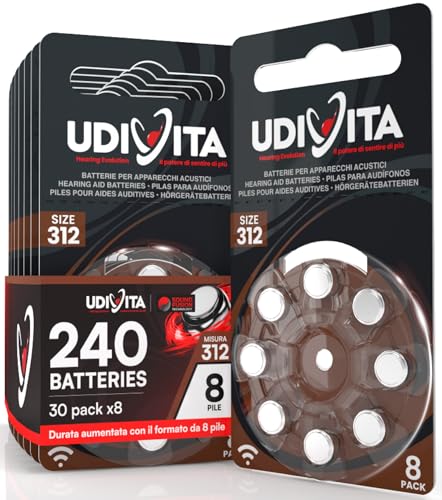 240 Batterien für Hörgeräte Udivita Größe 312 (Braun) PR41 Zink-Luft mit Sound Fusion-Technologie – 30 Blister mit 8 Batterien von Udivita