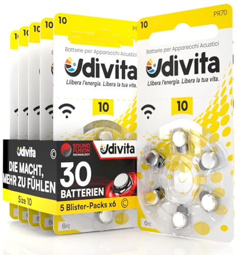 30 Udivita Batterien für Hörgeräte Größe 10 Zinkluft - 5 Blisterpackungen mit 6 Batterien 30 Udivita Batterien für Hörgeräte Größe 10 Zinkluft - 5 Blisterpackungen mit 6 Batterien von Udivita