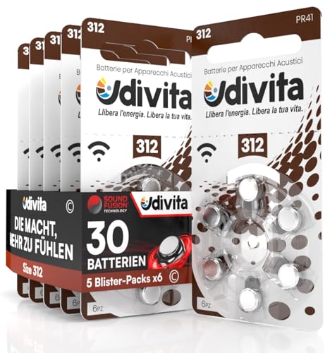 30 Udivita Batterien für Hörgeräte Größe 312 Zinkluft - 5 Blisterpackungen mit 6 Batterien von Udivita