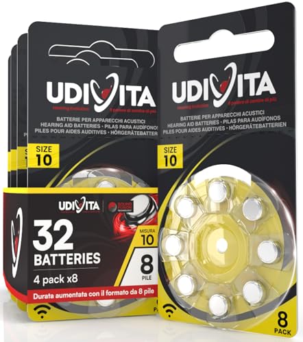 32 Batterien für Hörgeräte Udivita Größe 10 (Gelb) PR70 Zink-Luft mit Sound Fusion-Technologie – 4 Blister mit 8 Batterien von Udivita