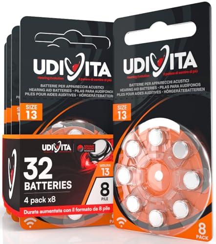 32 Batterien für Hörgeräte Udivita Größe 13 (Orange) PR48 Zink-Luft mit Sound Fusion-Technologie – 4 Blister mit 8 Batterien von Udivita