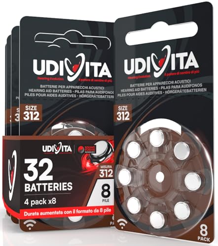 32 Batterien für Hörgeräte Udivita Größe 312 (Braun) PR41 Zink-Luft mit Sound Fusion-Technologie – 4 Blister mit 8 Batterien von Udivita