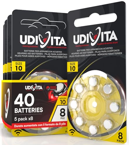 40 Batterien für Hörgeräte Udivita Größe 10 (Gelb) PR70 Zink-Luft mit Sound Fusion-Technologie – 5 Blister mit 8 Batterien von Udivita