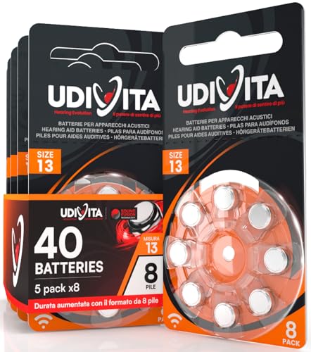 40 Batterien für Hörgeräte Udivita Größe 13 (Orange) PR48 Zink-Luft mit Sound Fusion-Technologie – 5 Blister mit 8 Batterien von Udivita