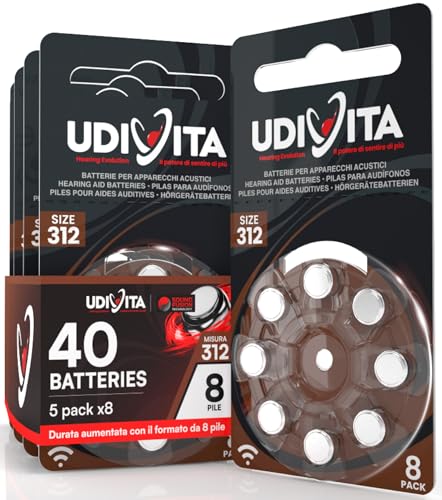 40 Batterien für Hörgeräte Udivita Größe 312 (Braun) PR41 Zink-Luft mit Sound Fusion-Technologie – 5 Blister mit 8 Batterien von Udivita