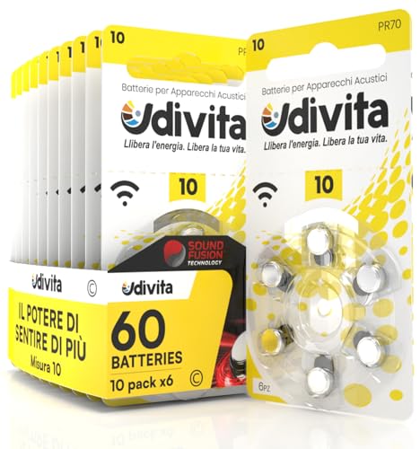 60 Batterien für Hörgeräte Udivita Größe 10 PR70 lange Lebensdauer mit Sound Fusion-Technologie - 10 Blister mit 6 Batterien von Udivita