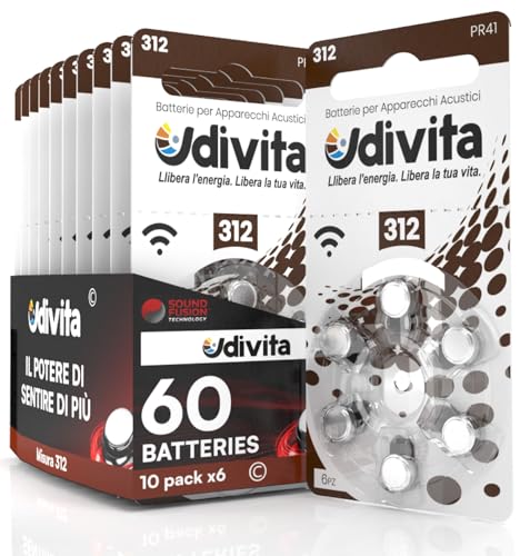 60 Batterien für Hörgeräte Udivita Größe 312. mit Sound Fusion Technologie - 10 Blister mit 6 Batterien von Udivita