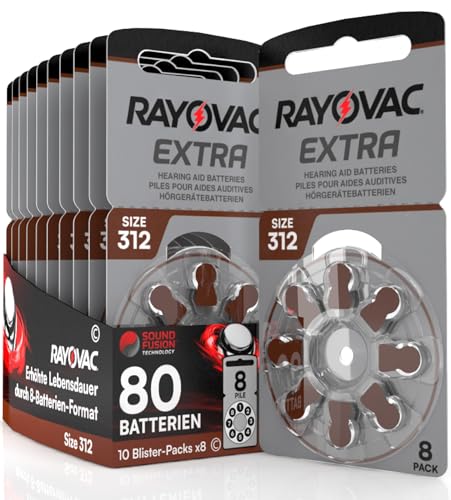 80 Batterien für Hörgeräte Rayovac Extra Größe 312 mit Sound Fusion Technologie - 10 Blister mit 8 Batterien von Udivita