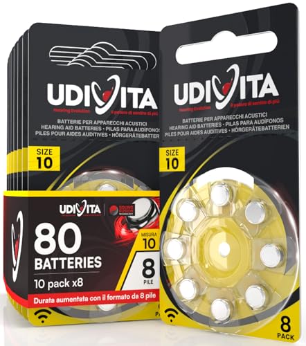 80 Batterien für Hörgeräte Udivita Größe 10 (Gelb) PR70 Zink-Luft mit Sound Fusion-Technologie – 10 Blister mit 8 Batterien von Udivita