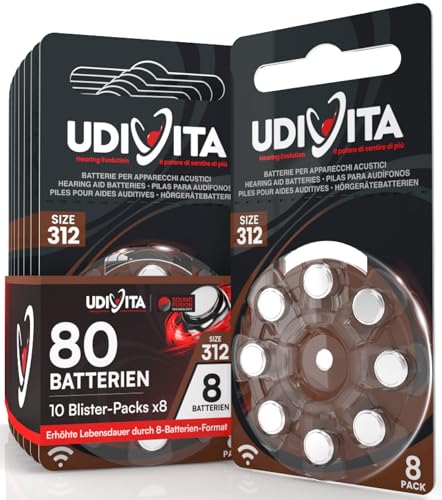 80 Batterien für Hörgeräte Udivita Größe 312 (Braun) PR41 Zink-Luft mit Sound Fusion-Technologie – 10 Blister mit 8 Batterien von Udivita