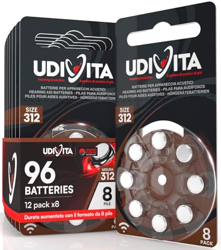 96 Batterien für Hörgeräte Udivita Größe 312 (Braun) PR41 Zink-Luft mit Sound Fusion-Technologie – 12 Blister mit 8 Batterien von Udivita