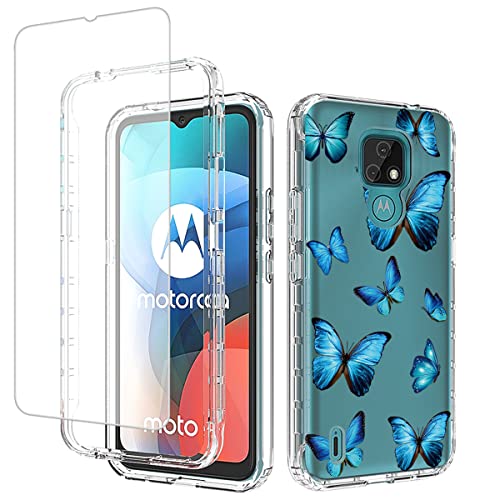 Ueokeird Schutzhülle für Moto E7, Motorola E7 XT2095-1 Hülle mit Displayschutzfolie aus gehärtetem Glas, vollständiger Schutz, Handyhülle für Motorola Moto E7 (blauer Schmetterling) von Ueokeird