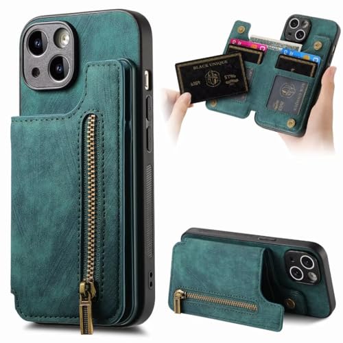 Hülle für iPhone 14 mit Kartenhalter, Leder iPhone 14 Handyhülle Handytasche Reißverschluss Brieftasche, Stoßfeste Schutzhülle für iPhone 14,Dunkelgrün von Ufgoszvp
